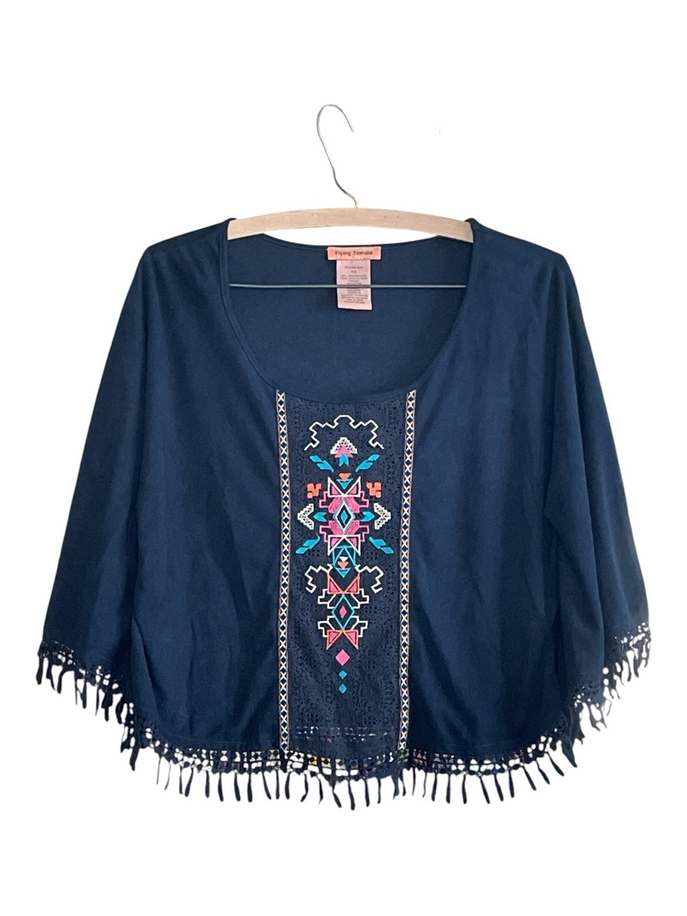 Flying Tomato Navy Embroidered Faux Suede Fringe Poncho Size XS